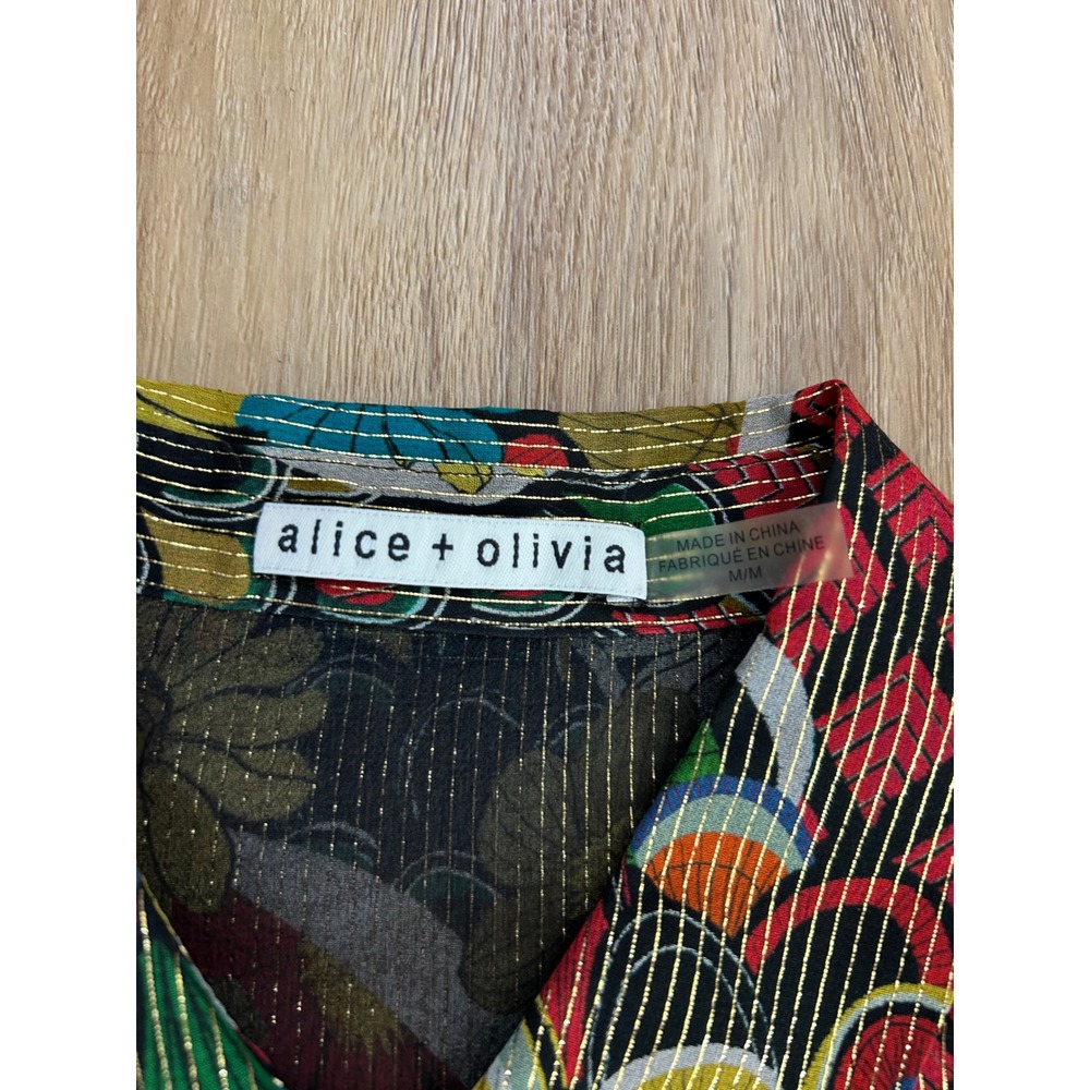 Alice + Olivia Willa Silk Blend Metallic Floral Button Down Blouse M luxury - Picture 3 of 6